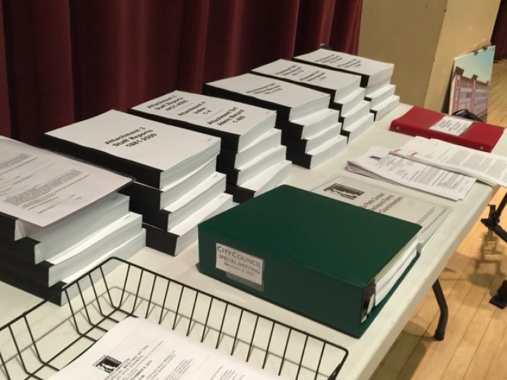 City staff piled up all the documents that had been generated during the three-year planning process for 2211 Harold Way. Photo: Frances Dinkelspiel