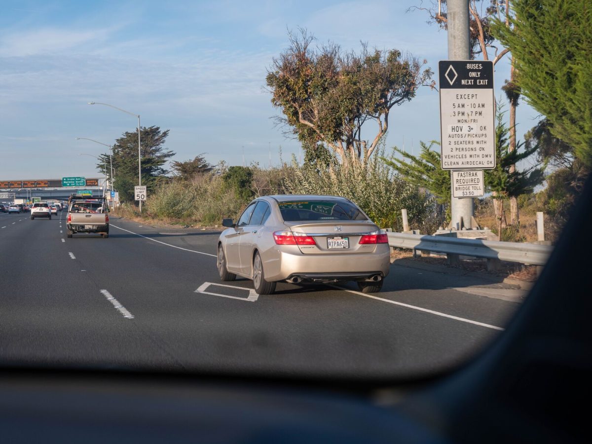 A sign denotes the high-occupancy "diamond lane" on the approach to the Bay Bridge toll plaza.